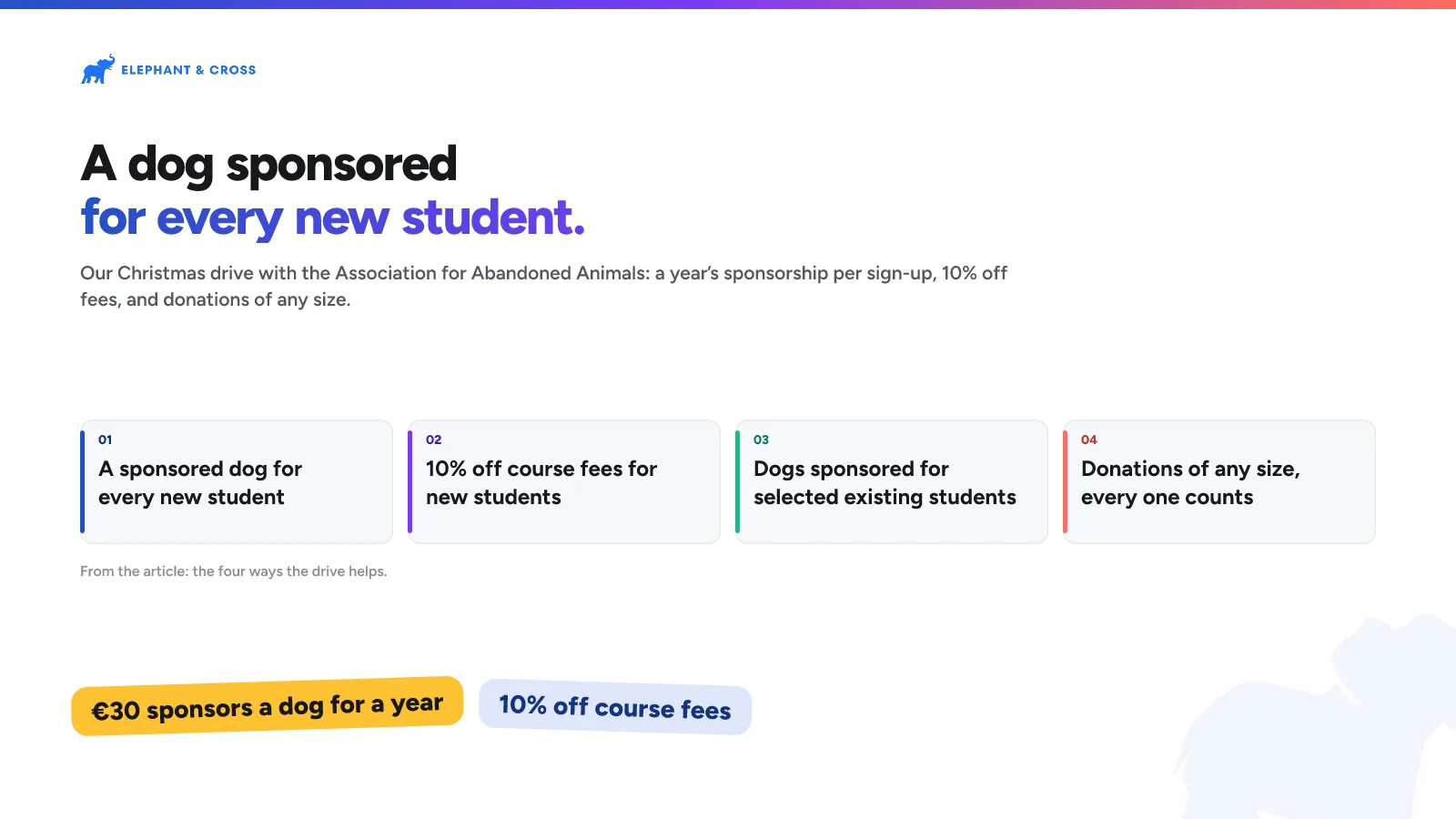 A dog sponsored for every new student. guide: A sponsored dog for every new student; 10% off course fees for new students; Dogs sponsored for selected existing students; Donations of any size, every one counts. €30 sponsors a dog for a year, 10% off course fees.
