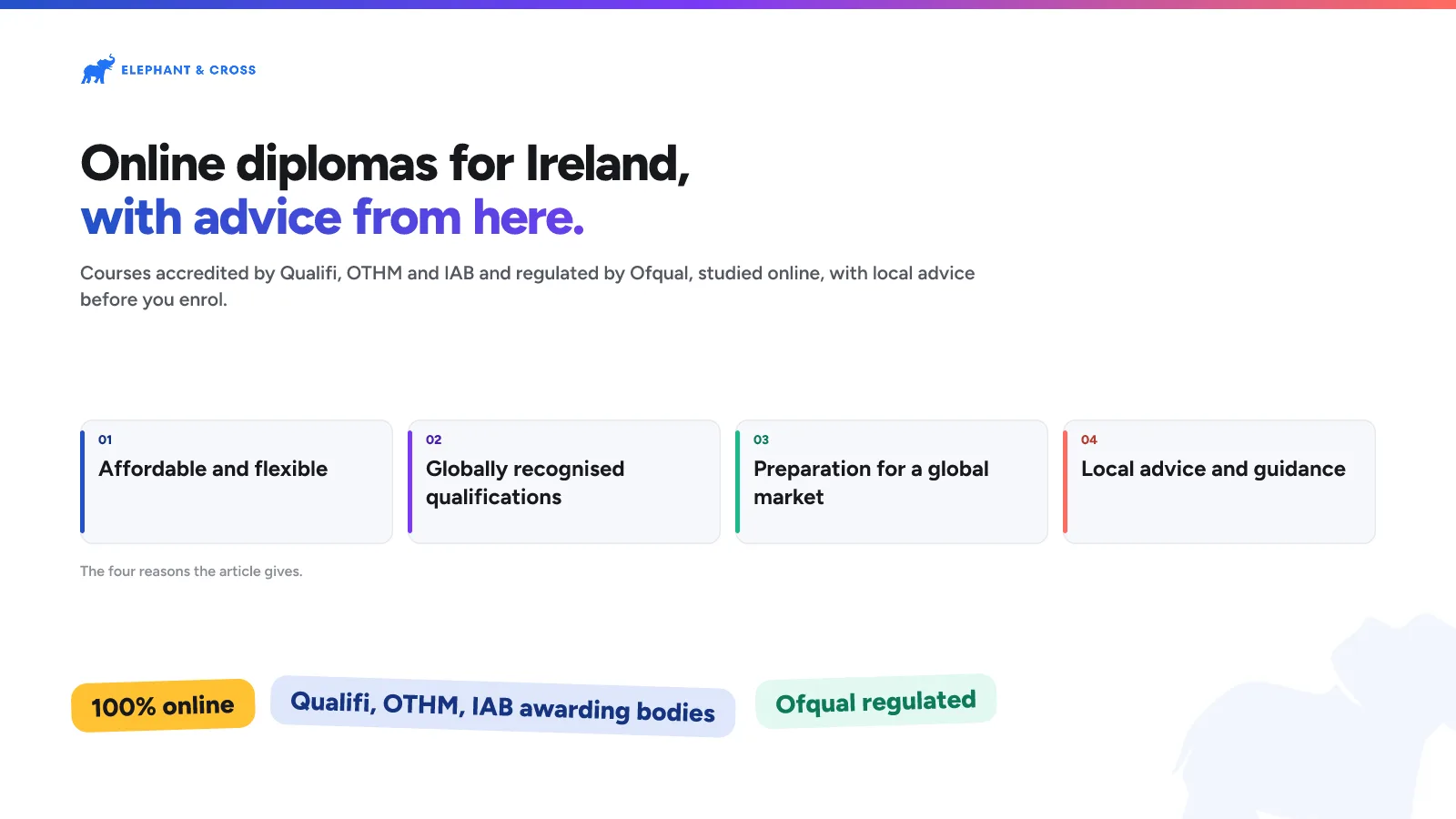 Online diplomas for Ireland, with advice from here. Ireland: Affordable and flexible; Globally recognised qualifications; Preparation for a global market; Local advice and guidance. 100% online, Qualifi, OTHM, IAB awarding bodies, Ofqual regulated.