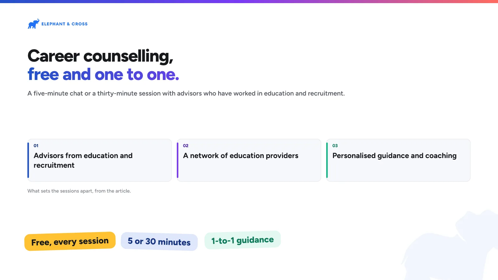 Career counselling, free and one to one. Malta: Advisors from education and recruitment; A network of education providers; Personalised guidance and coaching. Free, every session, 5 or 30 minutes, 1-to-1 guidance.
