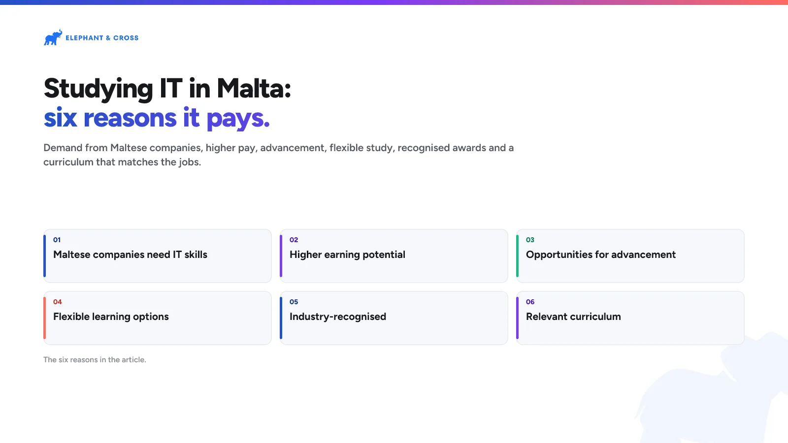 Studying IT in Malta: six reasons it pays. Malta: Maltese companies need IT skills; Higher earning potential; Opportunities for advancement; Flexible learning options; Industry-recognised; Relevant curriculum.