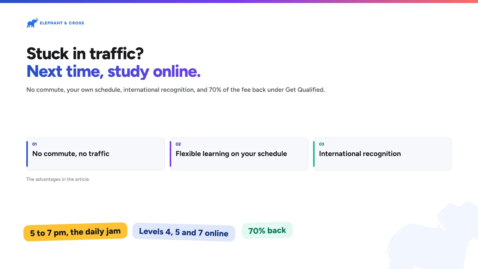 Stuck in traffic? Next time, study online. Malta: No commute, no traffic; Flexible learning on your schedule; International recognition. 5 to 7 pm, the daily jam, Levels 4, 5 and 7 online, 70% back.